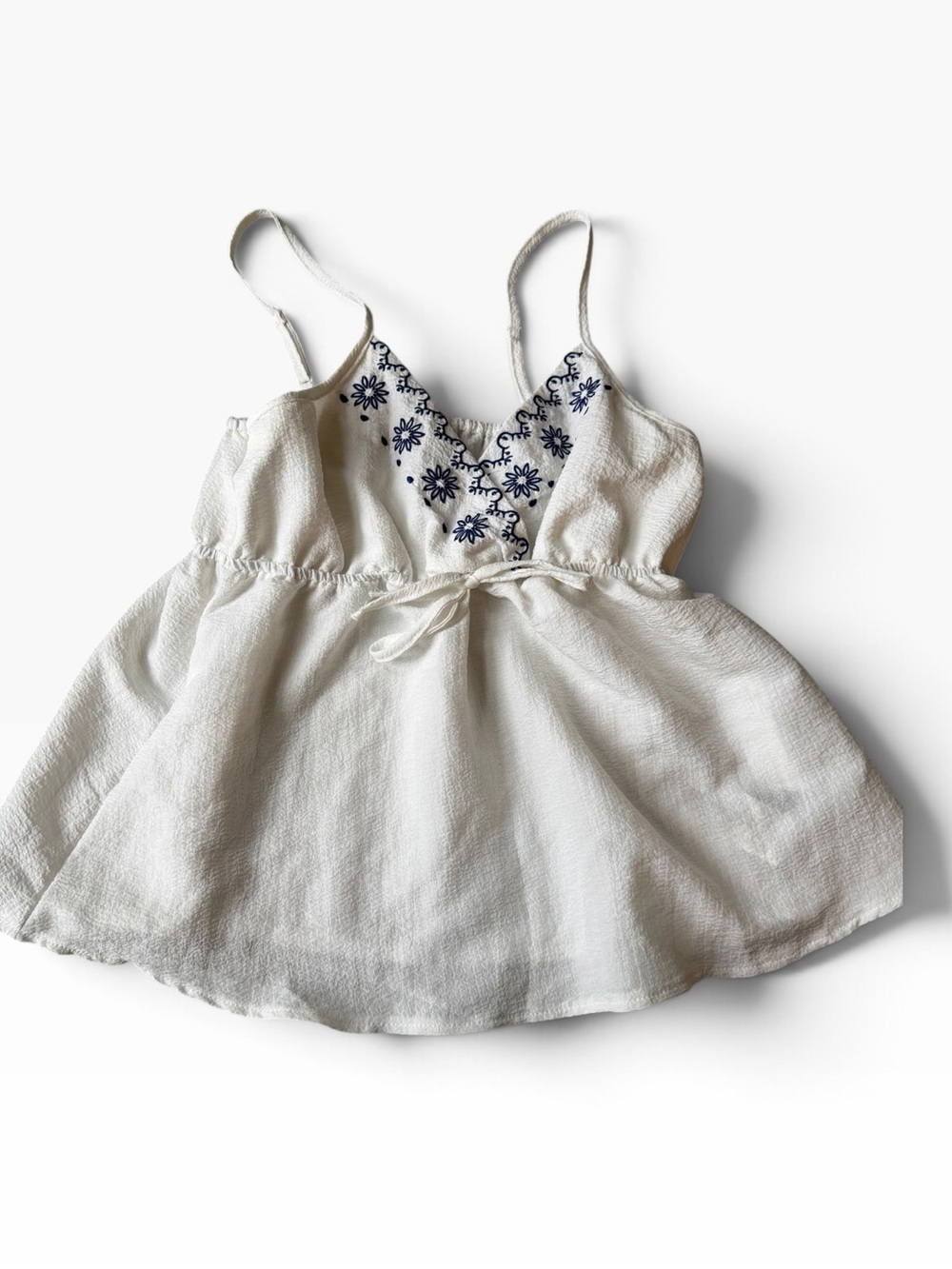 SHEIN White Embroidered Tank Top with Navy Floral Detail size small